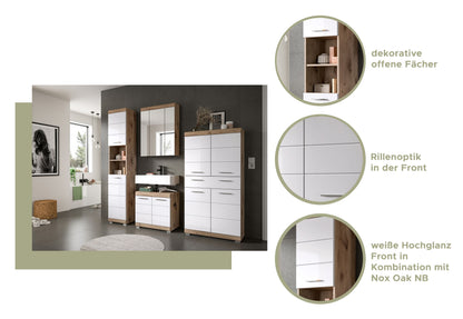 Badezimmerset Detailgrafik mit Ausschnitten der weißen Fronten und Holzoptik