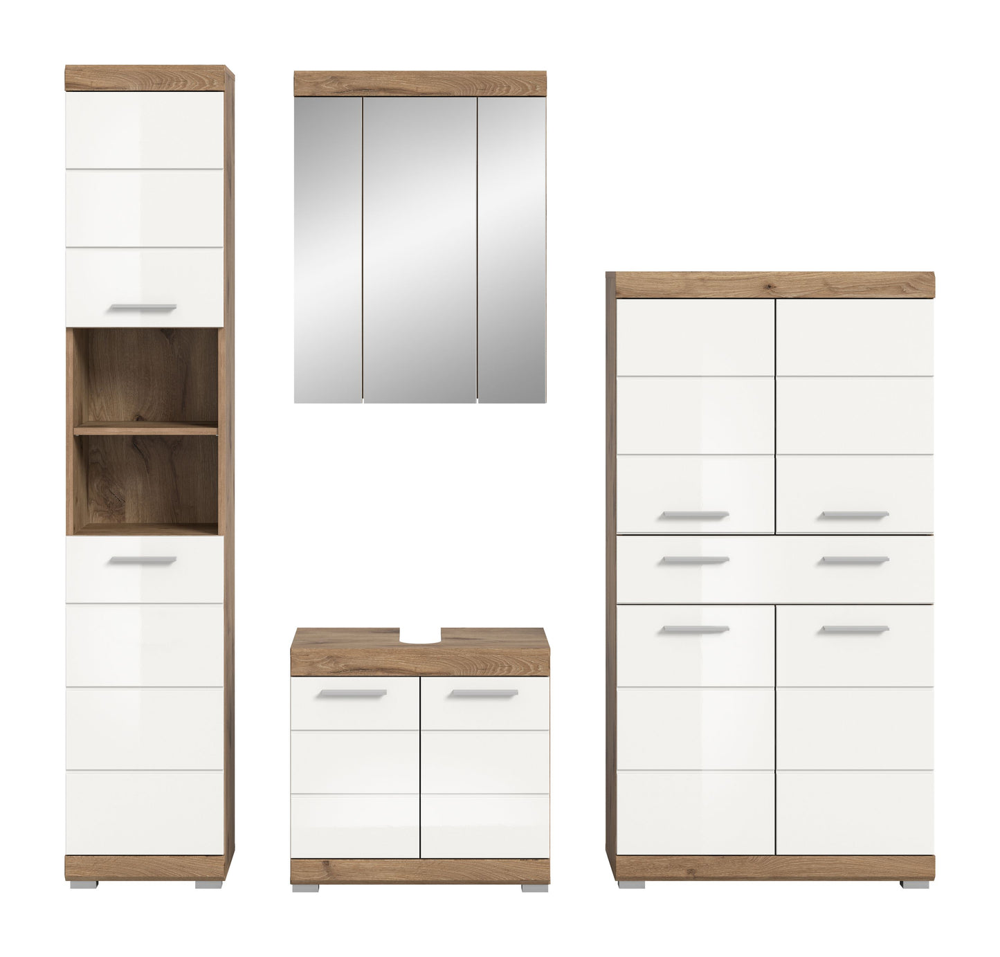 Badezimmerset mit Hochschrank, Spiegel und Unterschrank, weiß und Holzoptik