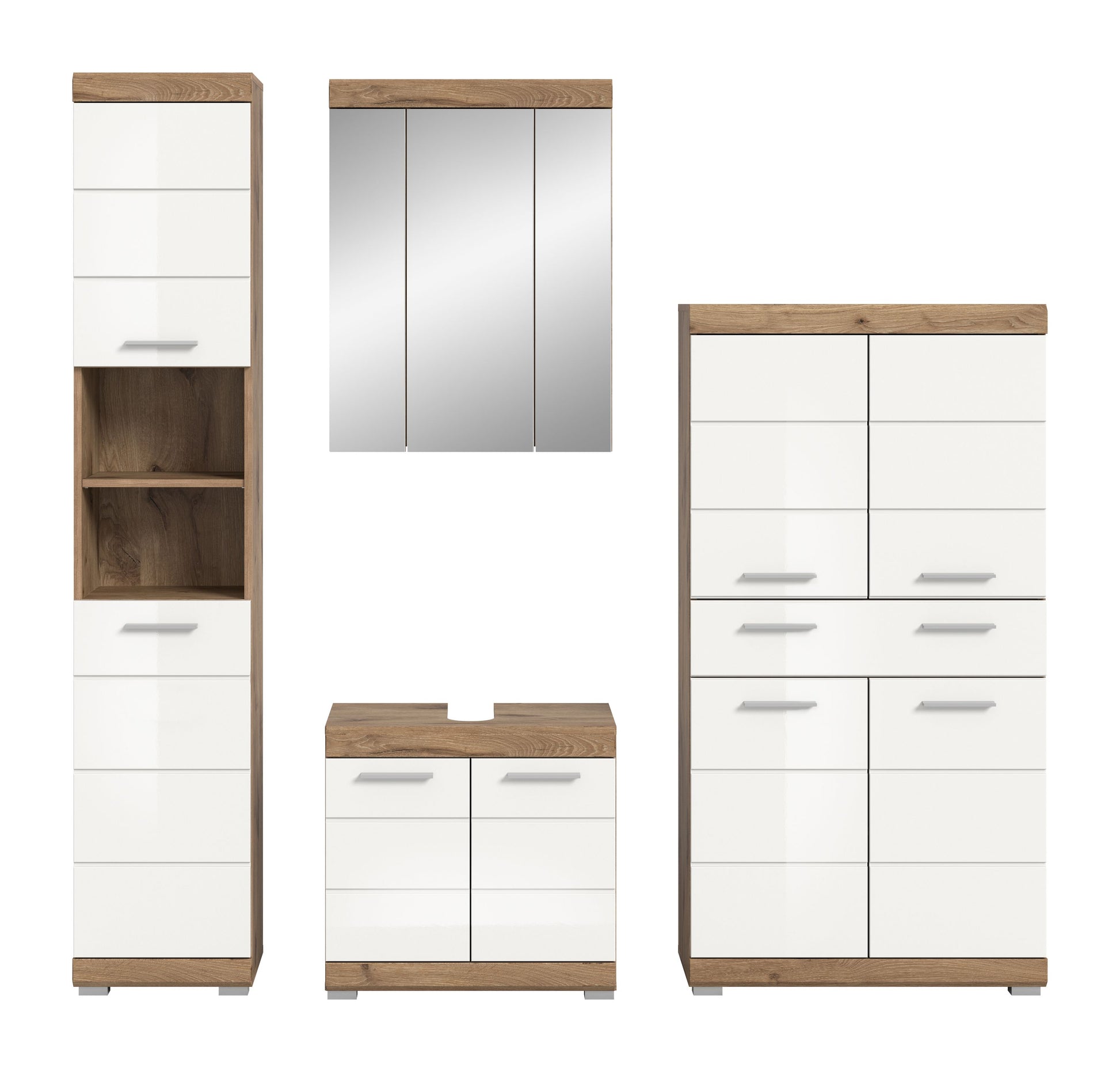 Badezimmerset mit Hochschrank, Spiegel und Unterschrank, weiß und Holzoptik
