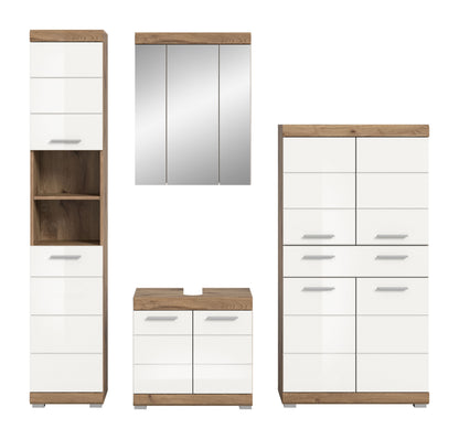 Badezimmerset mit Hochschrank, Spiegel und Unterschrank, weiß und Holzoptik