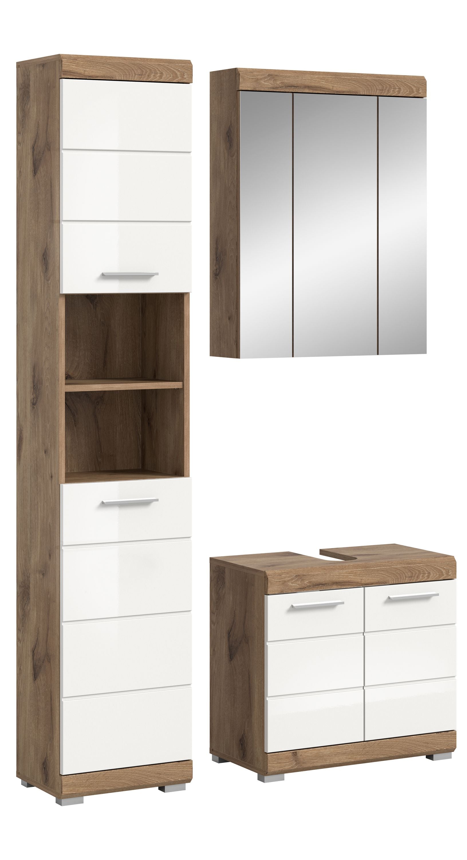 Badezimmerset mit Hochschrank, Spiegelschrank und Waschtischunterschrank, weiß & Eiche