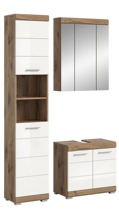 Badezimmerset mit Hochschrank, Spiegelschrank und Waschtischunterschrank, weiß & Eiche