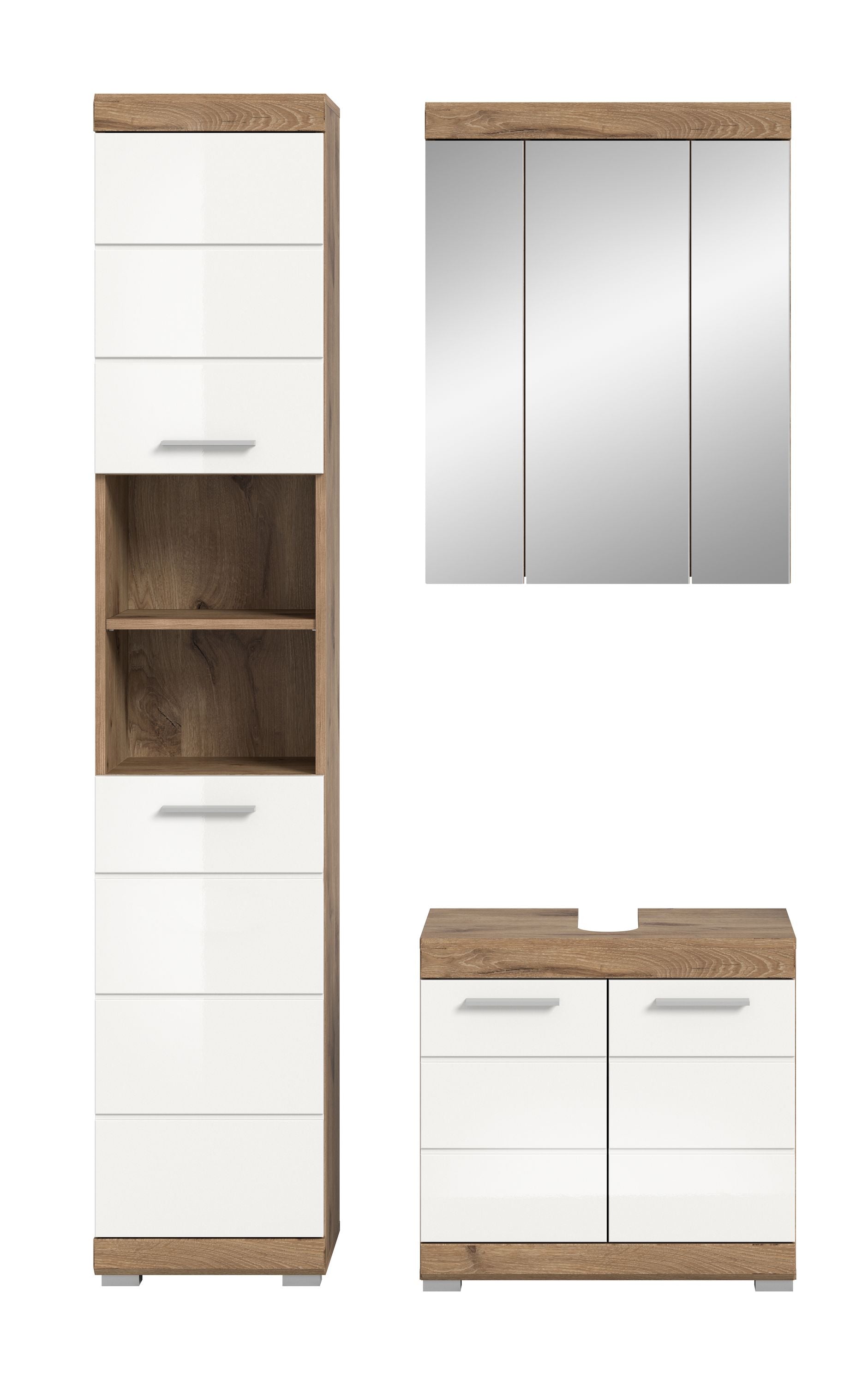 Badezimmerset aus Hochschrank, Spiegelschrank und Waschtischunterschrank, weiß & Eiche