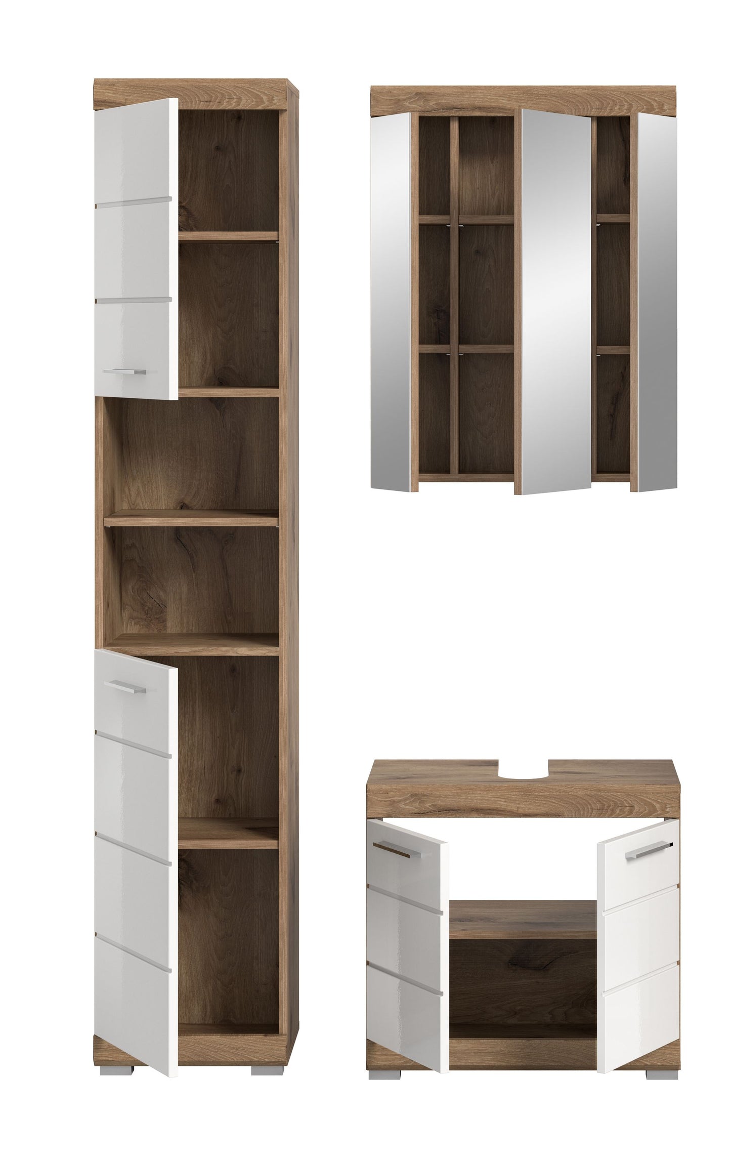 Badezimmerset: Hochschrank, Spiegelschrank und Waschtischunterschrank, weiß & Eiche