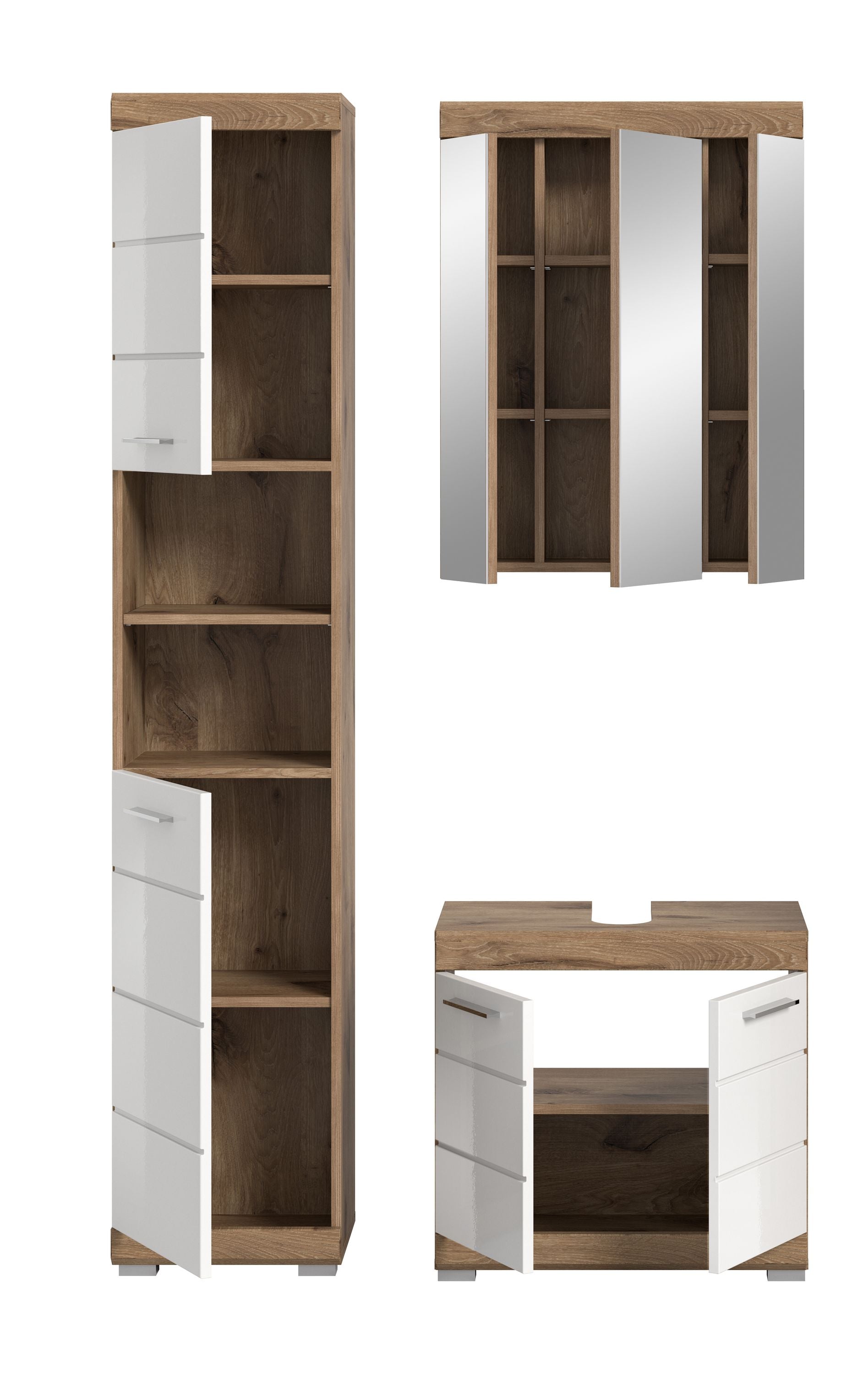 Badezimmerset: Hochschrank, Spiegelschrank und Waschtischunterschrank, weiß & Eiche
