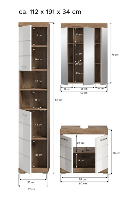 Badezimmerset mit Hochschrank, Spiegelschrank und Waschtischunterschrank, Maßeinblendungen