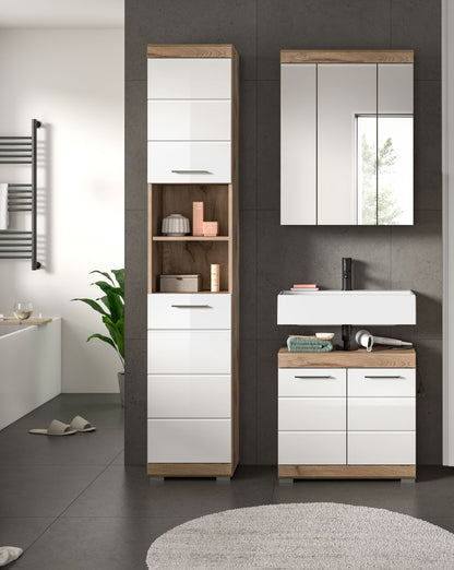 Badezimmerset mit Hochschrank, Spiegelschrank und Waschtischunterschrank, weiß & Eiche