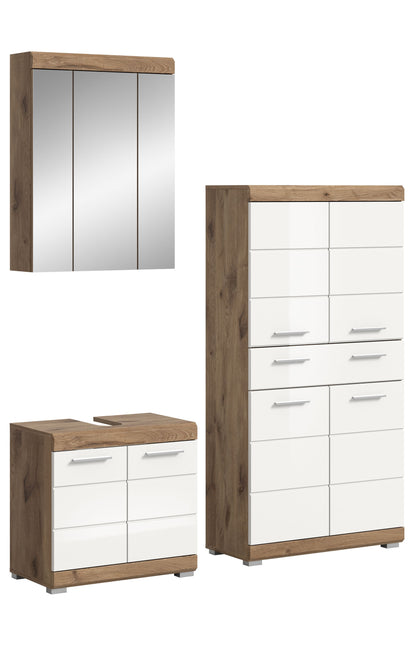 Badezimmer-Set mit Spiegelschrank und Waschtischunterschrank, weiß und Eichedekor