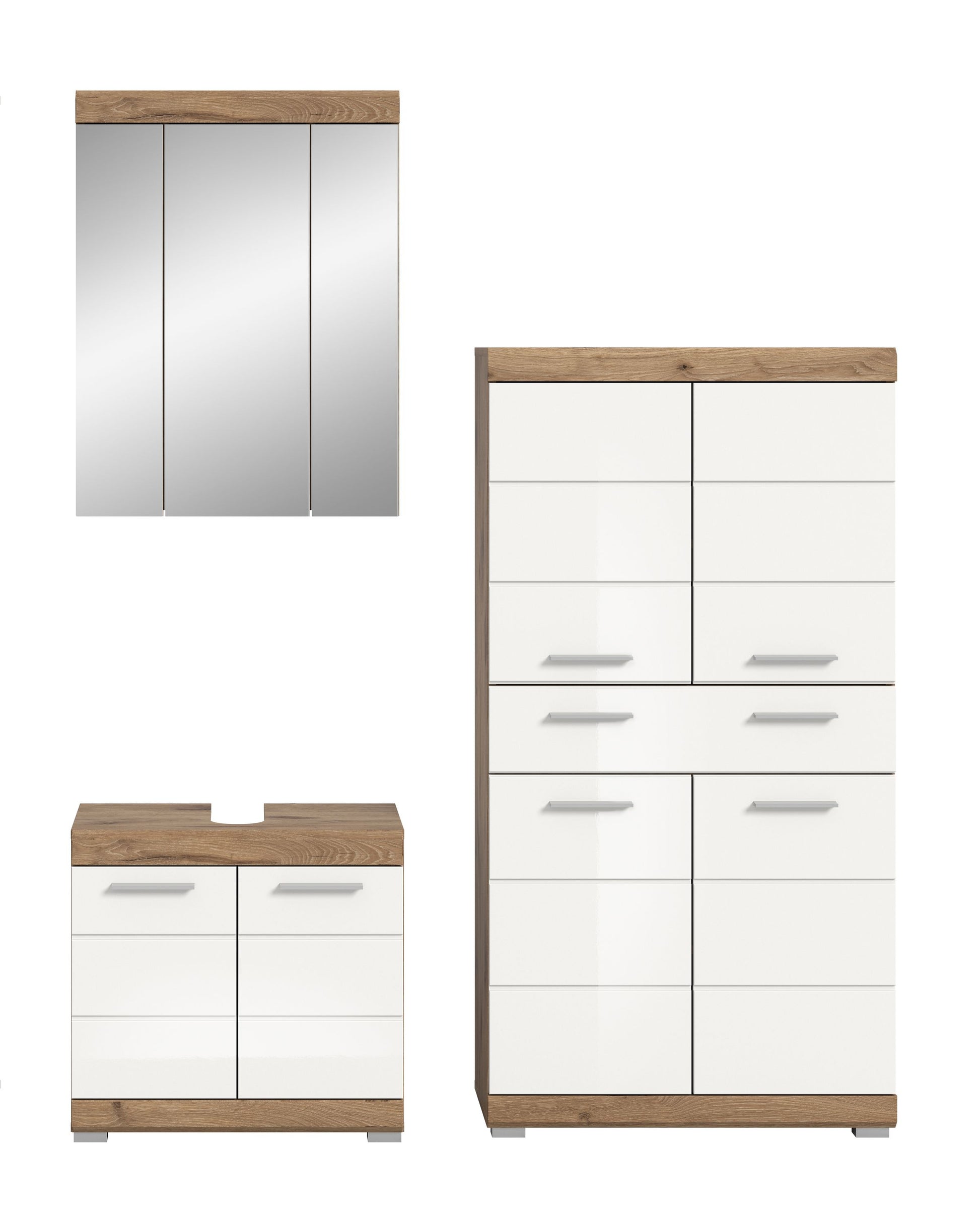 Badezimmer-Set mit Spiegelschrank und Waschtischunterschrank, weiß und Eichedekor