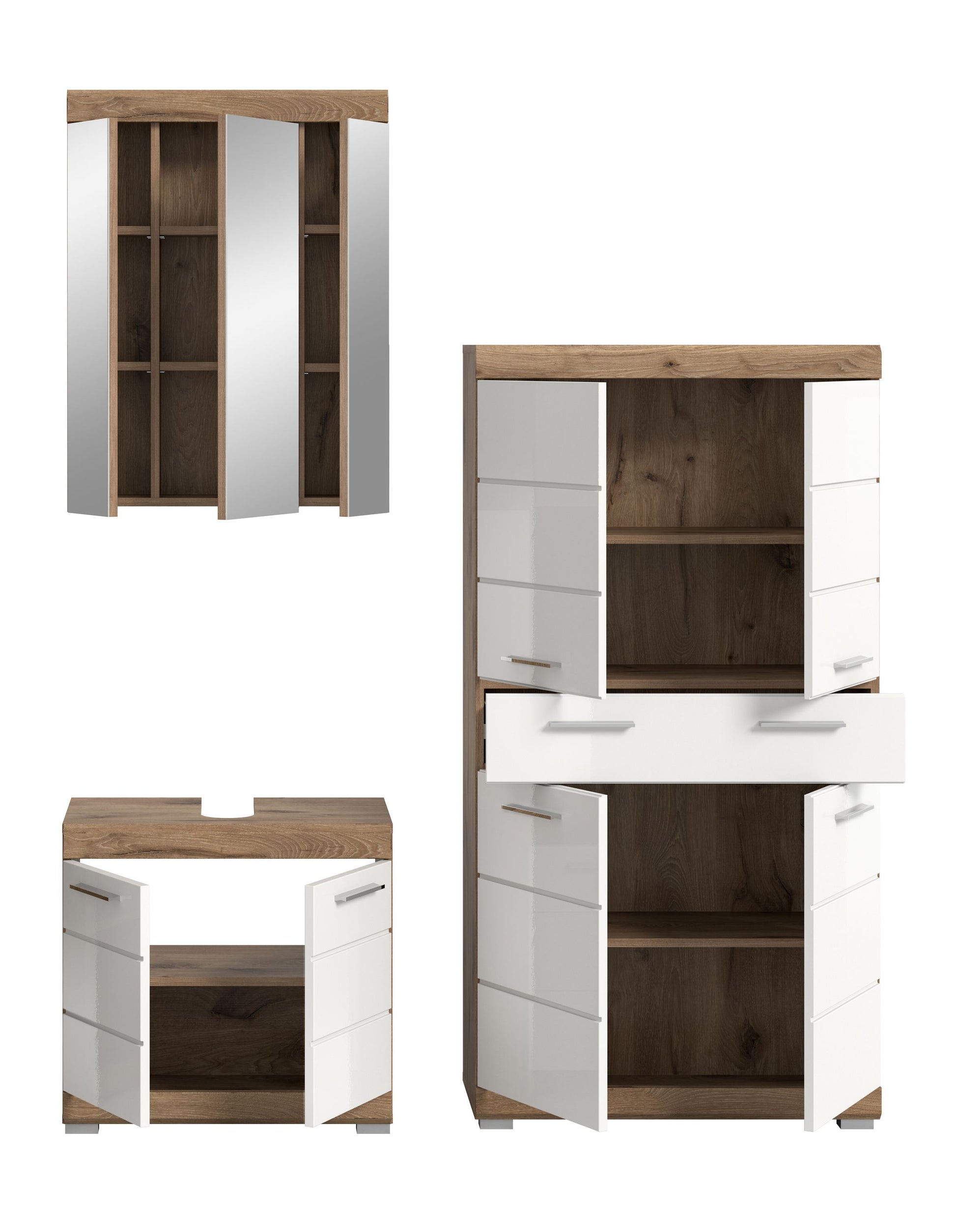 Badezimmerset mit geöffneten Fächern: Spiegelschrank und Unterschrank, weiß/Eichedekor