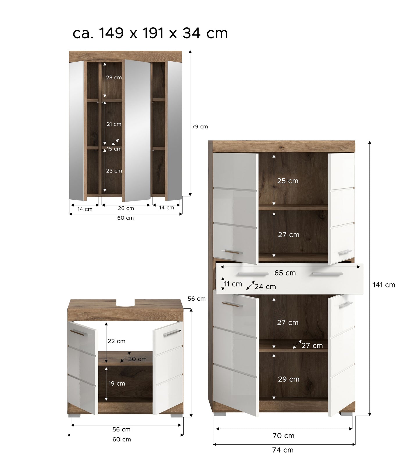 Badezimmerset Maßskizze: Spiegelschrank und Unterschrank, ca. 149×191×34 cm