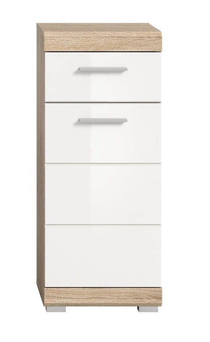 Badezimmerschrank mit Holzrahmen, zwei Schubladen und weißen Fronten mit Griffleisten