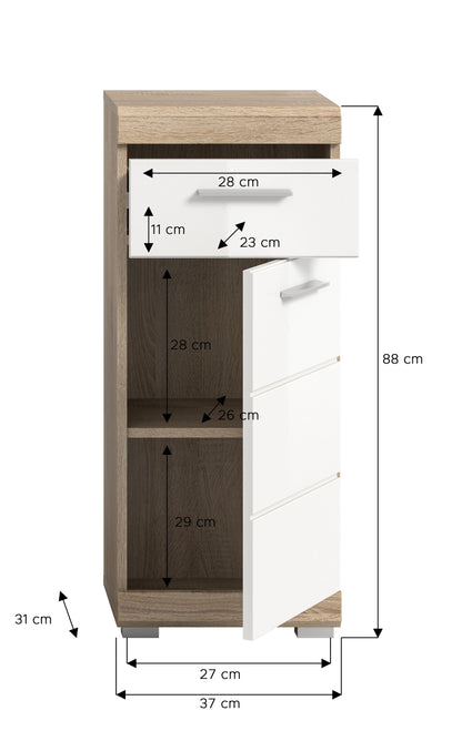 Badezimmerkommode mit Maßangaben: 88 cm hoch, 37 cm breit, 31 cm tief