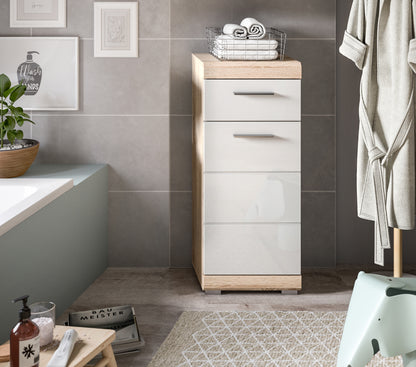Badezimmerkommode in Weiß mit Hochglanz, Holzsockel und mehrere Schubladen