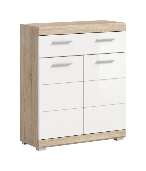 Lambada Kommode Standschrank Schrank breit in weiß Hochglanz und Sonoma Eiche hell, ca. B/H/T 74x88x31