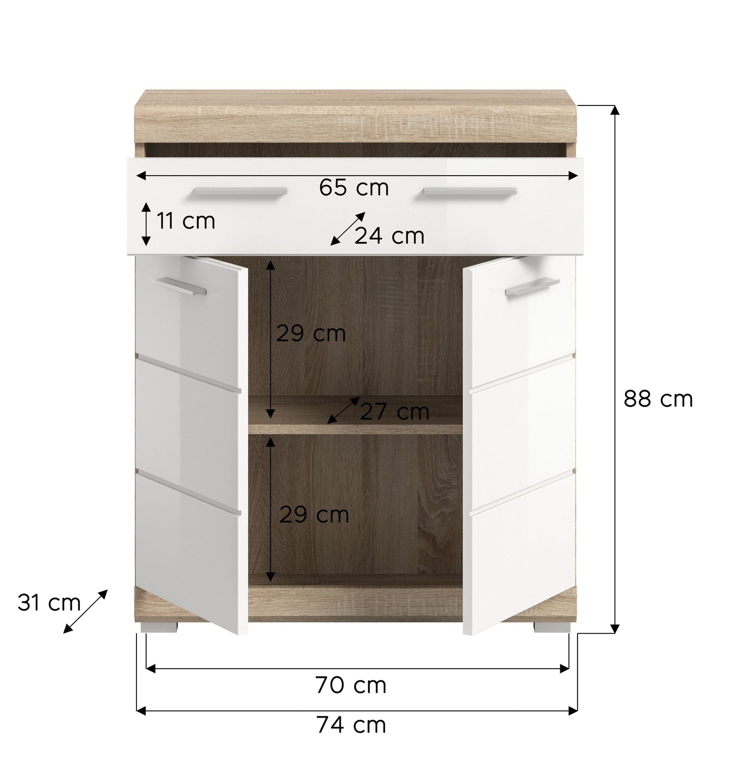 Badezimmerkommode mit Abmessungen 70×74 cm, Höhe 88 cm