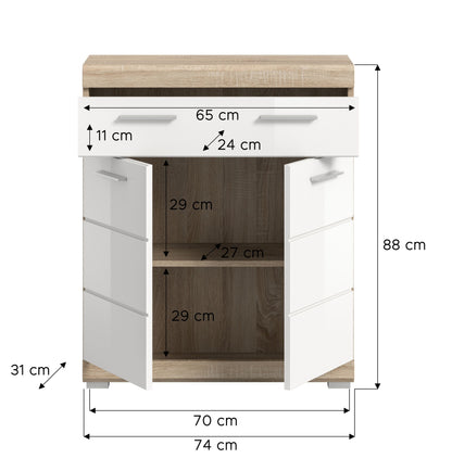 Badezimmerkommode mit Abmessungen 70×74 cm, Höhe 88 cm