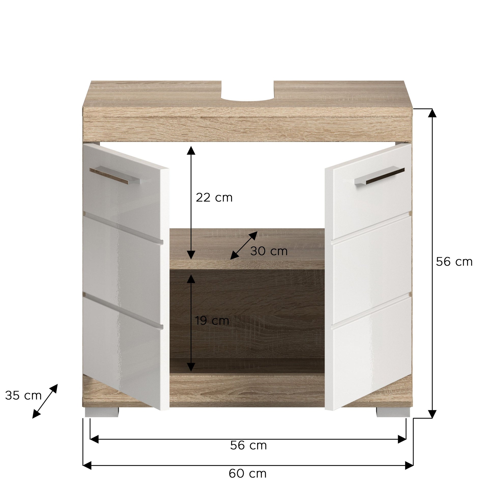Waschbeckenunterschrank mit weißer, glänzender Front und Holzdekor-Oberplatte, 60 cm breit, offen