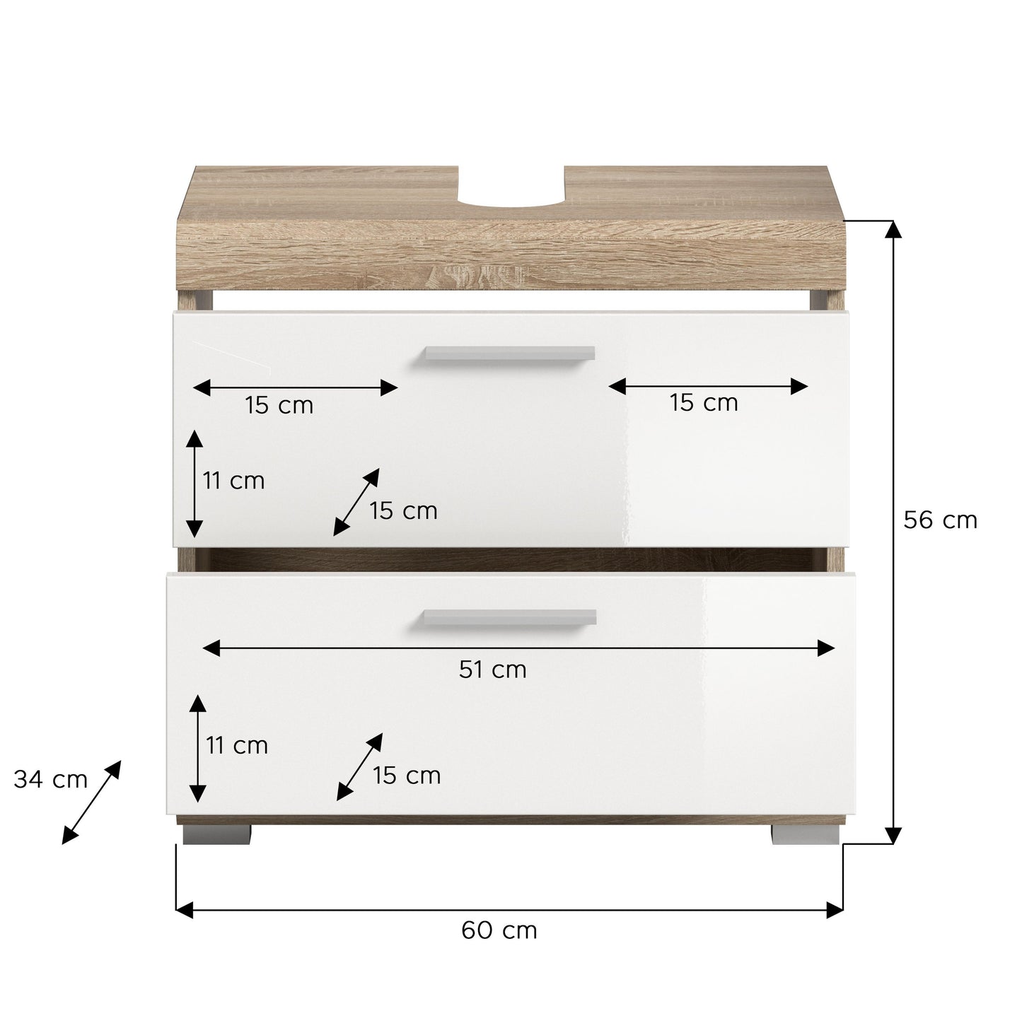 Waschbeckenunterschrank Maßzeichnung: 60 cm breit, weiß mit Holzoptik-Deckplatte