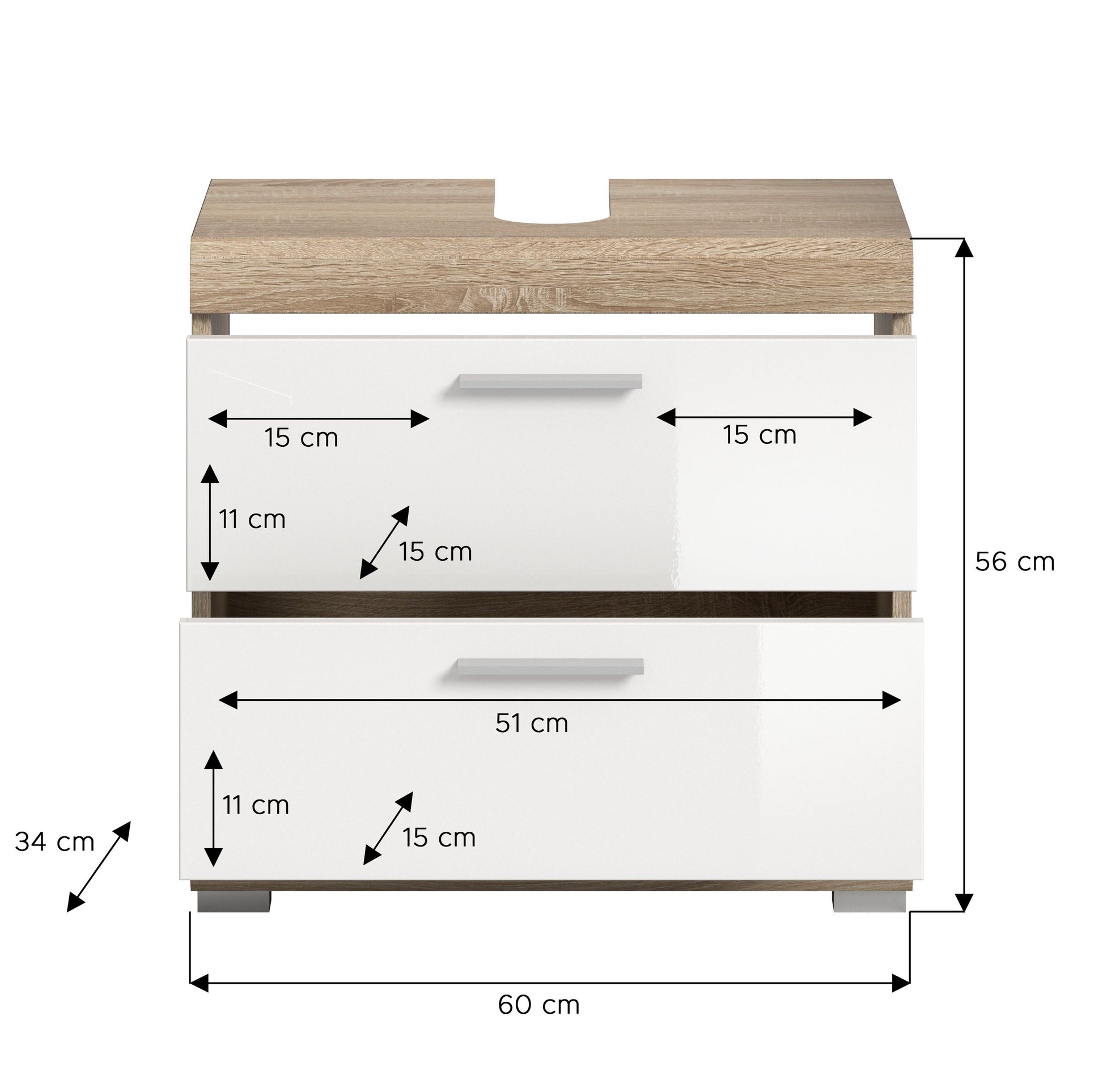 Waschbeckenunterschrank Maßzeichnung: 60 cm breit, weiß mit Holzoptik-Deckplatte