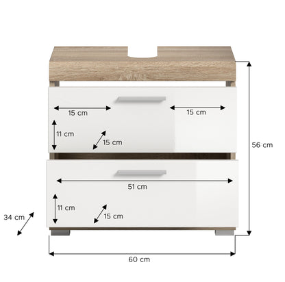 Waschbeckenunterschrank Maßzeichnung: 60 cm breit, weiß mit Holzoptik-Deckplatte