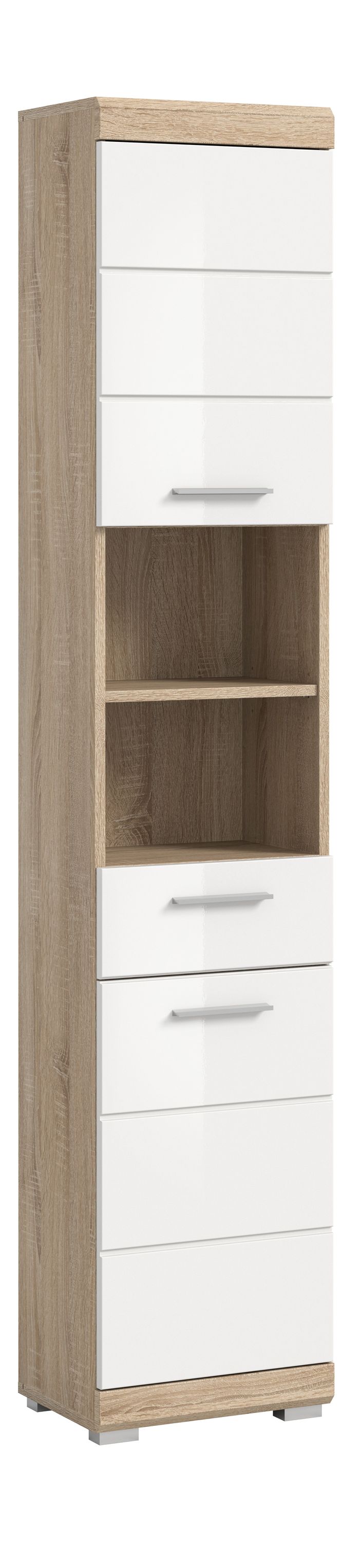 Badezimmerhochschrank weiß glänzend mit Holzdekor-Seiten, Ansicht von der Seite