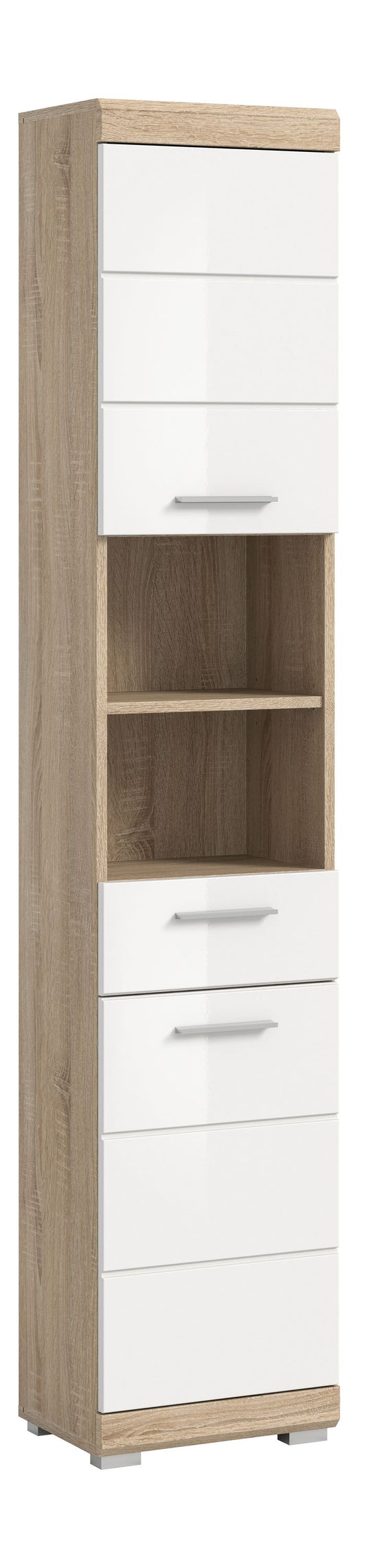 Badezimmerhochschrank weiß glänzend mit Holzdekor-Seiten, Ansicht von der Seite