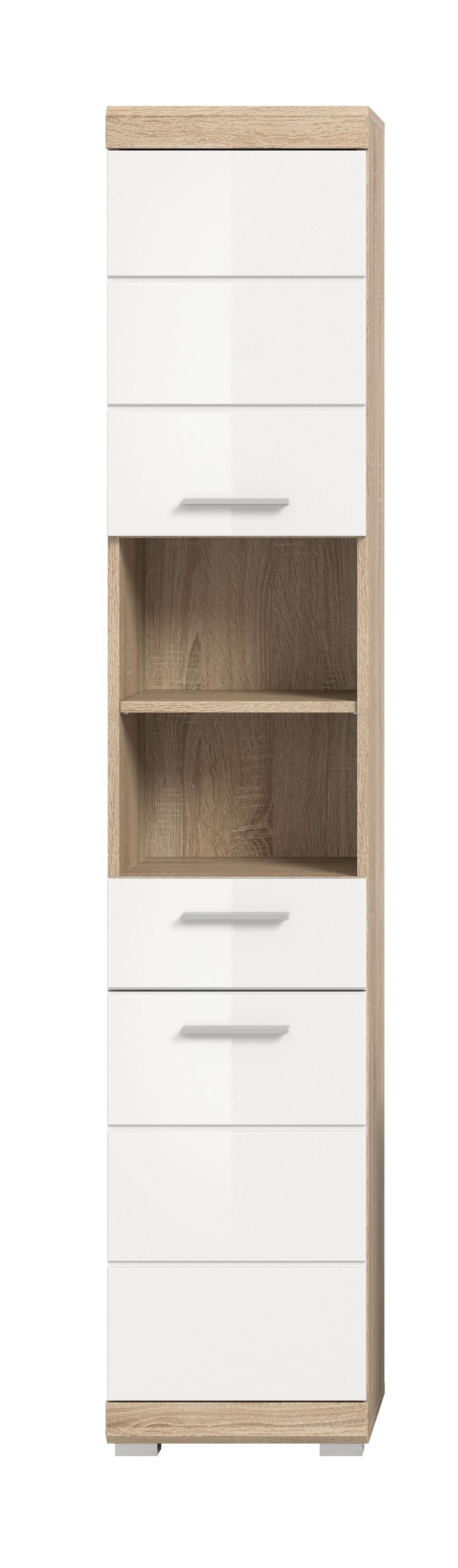 Badezimmerhochschrank weiß glänzend mit Schubladen und offenem Fachboden