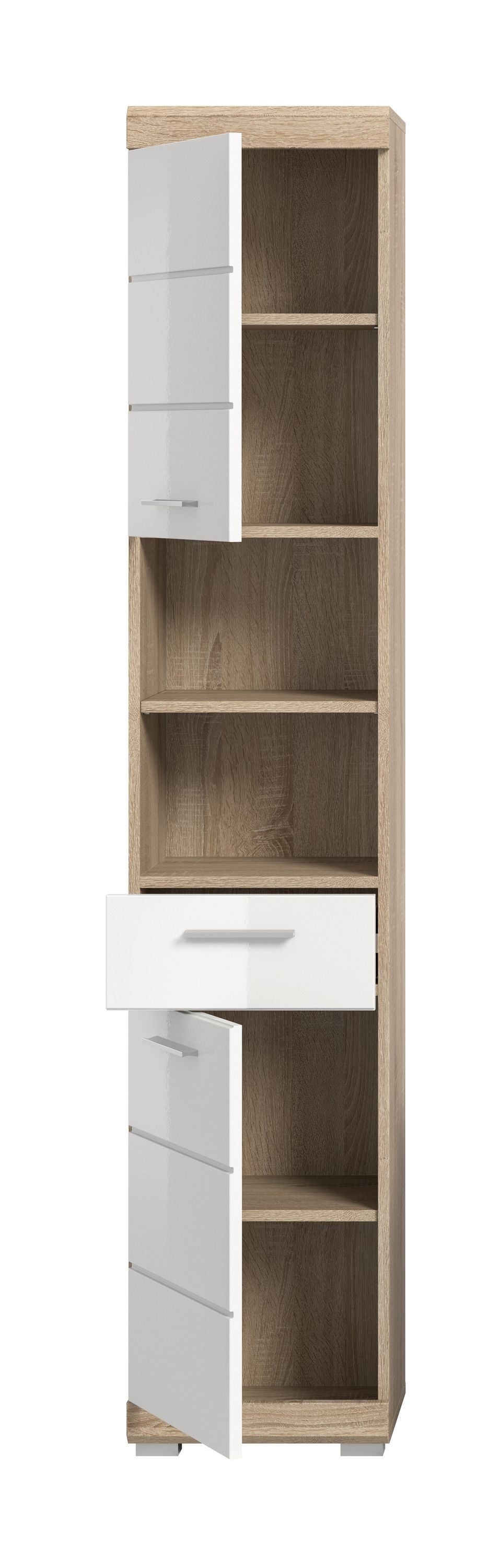 Badezimmerhochschrank offen, mit Einlegeböden und weißem Schubfach unten