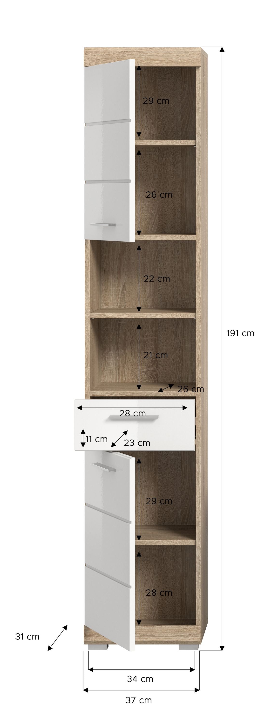 Badezimmerhochschrank offen, mit Einlegeböden und Schubfach; Maßangaben sichtbar