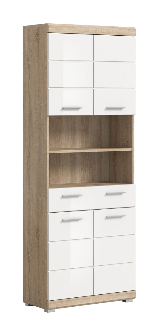 Badezimmerhochschrank mit weißem Frontpaneel und Holzumrandung, mit Griffleisten