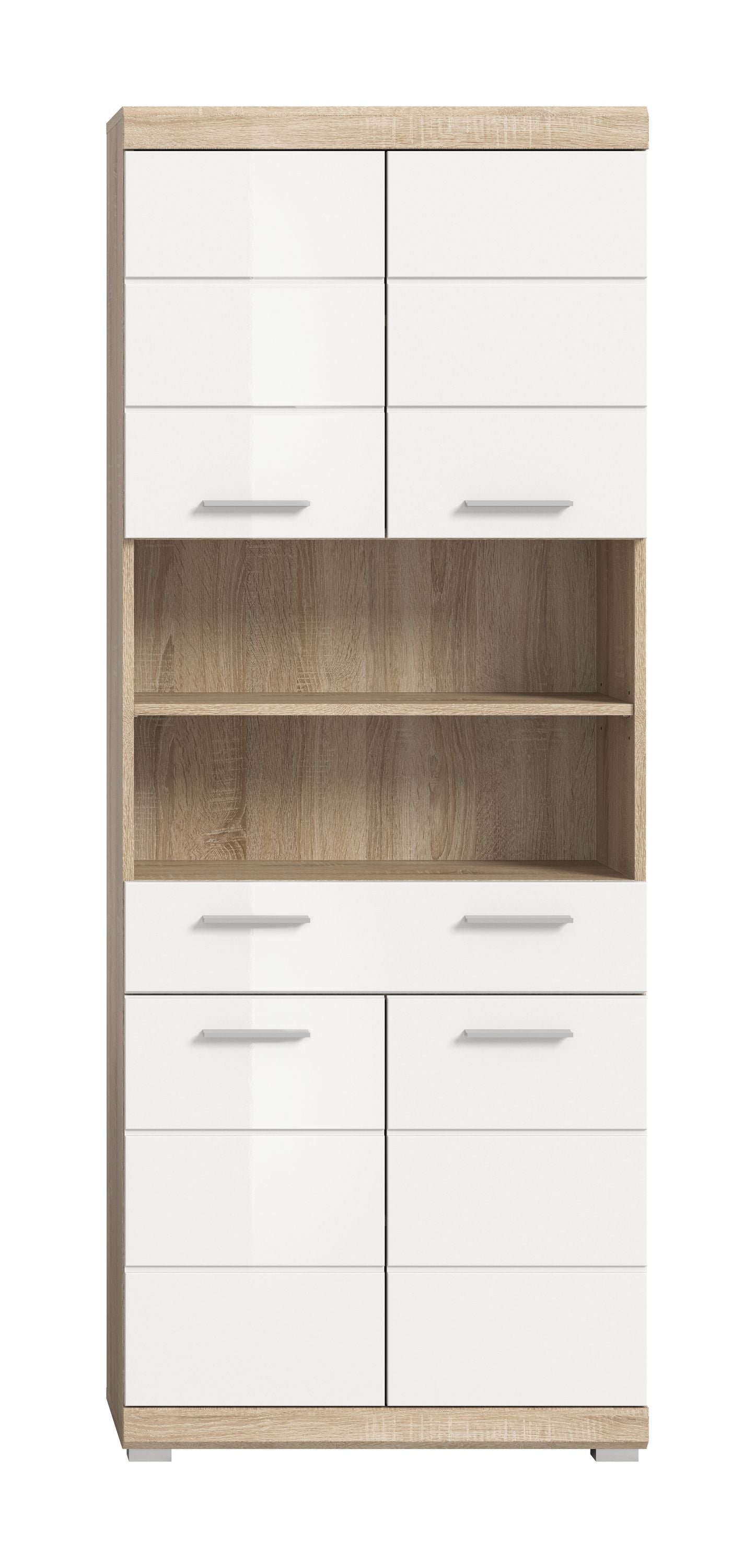 Badezimmerhochschrank mit weißer Hochglanzfront, Griffleisten und Holzseiten