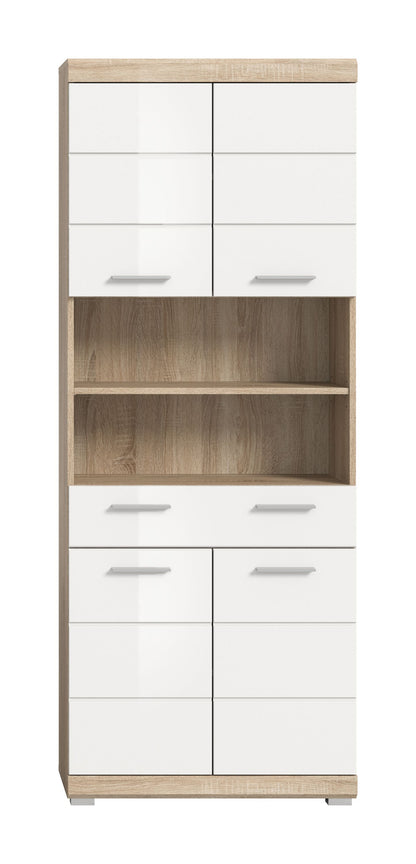 Badezimmerhochschrank mit weißer Hochglanzfront, Griffleisten und Holzseiten