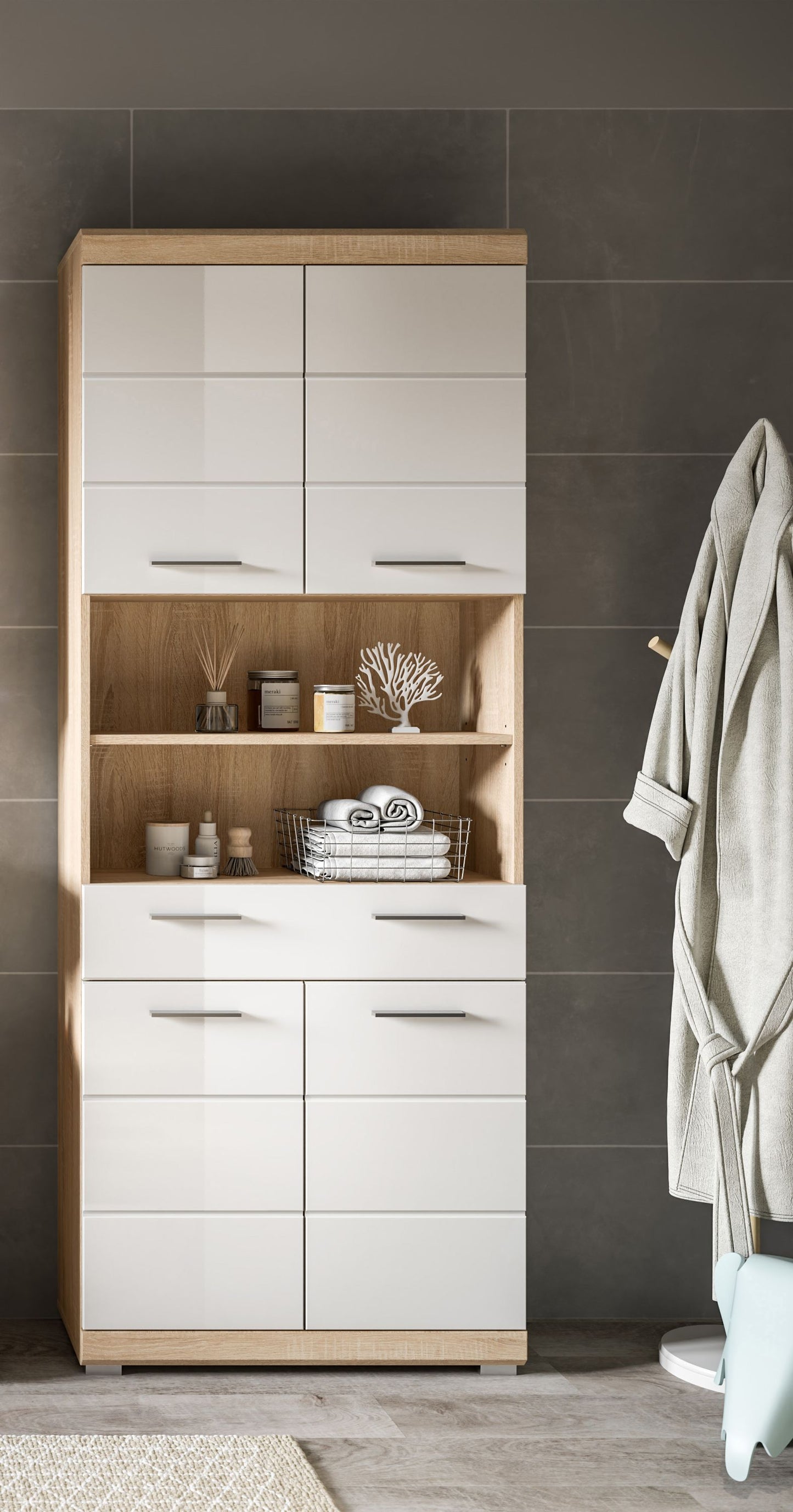 Badezimmerhochschrank in Weiß Hochglanz mit offenen Fächern und Einlegeböden