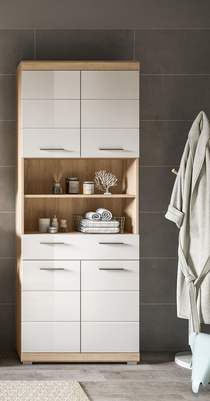 Badezimmerhochschrank in Weiß Hochglanz mit offenen Fächern und Einlegeböden