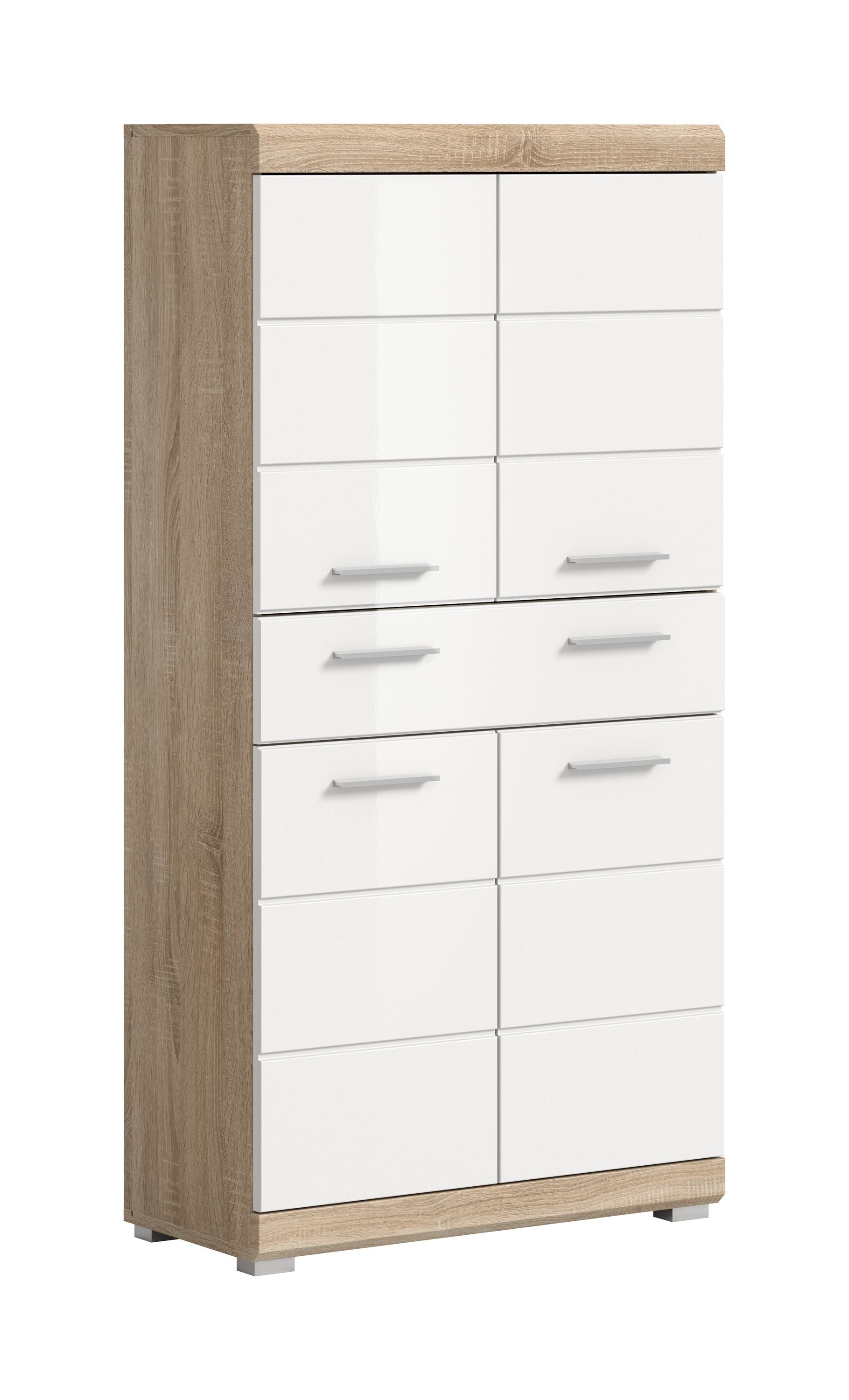 Weißer Badezimmerschrank mit Holzrahmen, mehreren Schubladen und türfreien Fächern