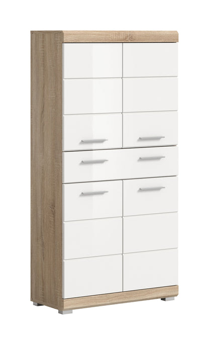 Weißer Badezimmerschrank mit Holzrahmen, mehreren Schubladen und türfreien Fächern