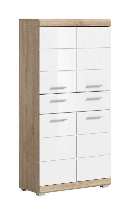 Weißer Badezimmerschrank mit Holzrahmen, mehreren Schubladen und türfreien Fächern