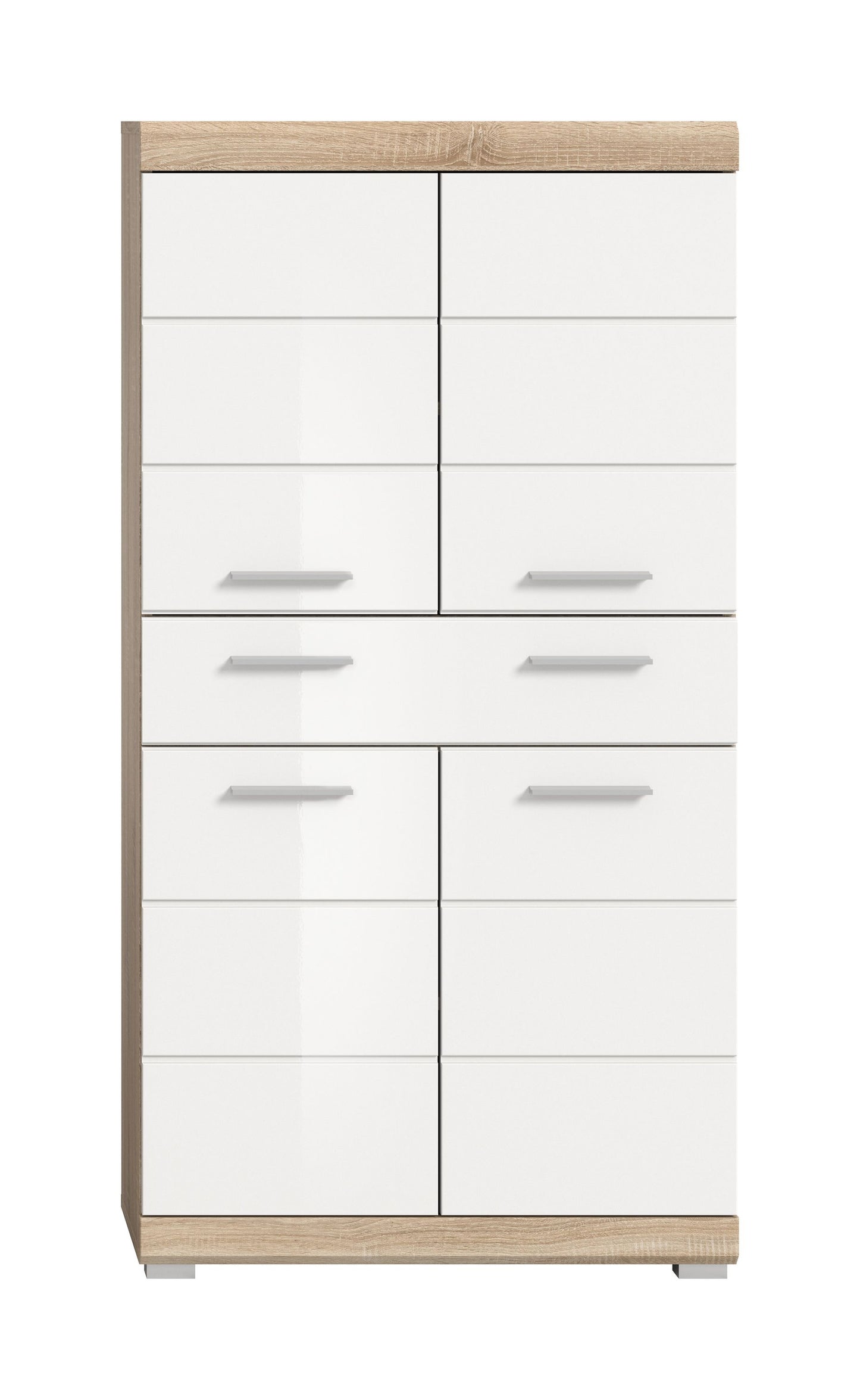 Weißer Badezimmerhochschrank Midi mit Holzseiten, mehreren Türen und Schubladen