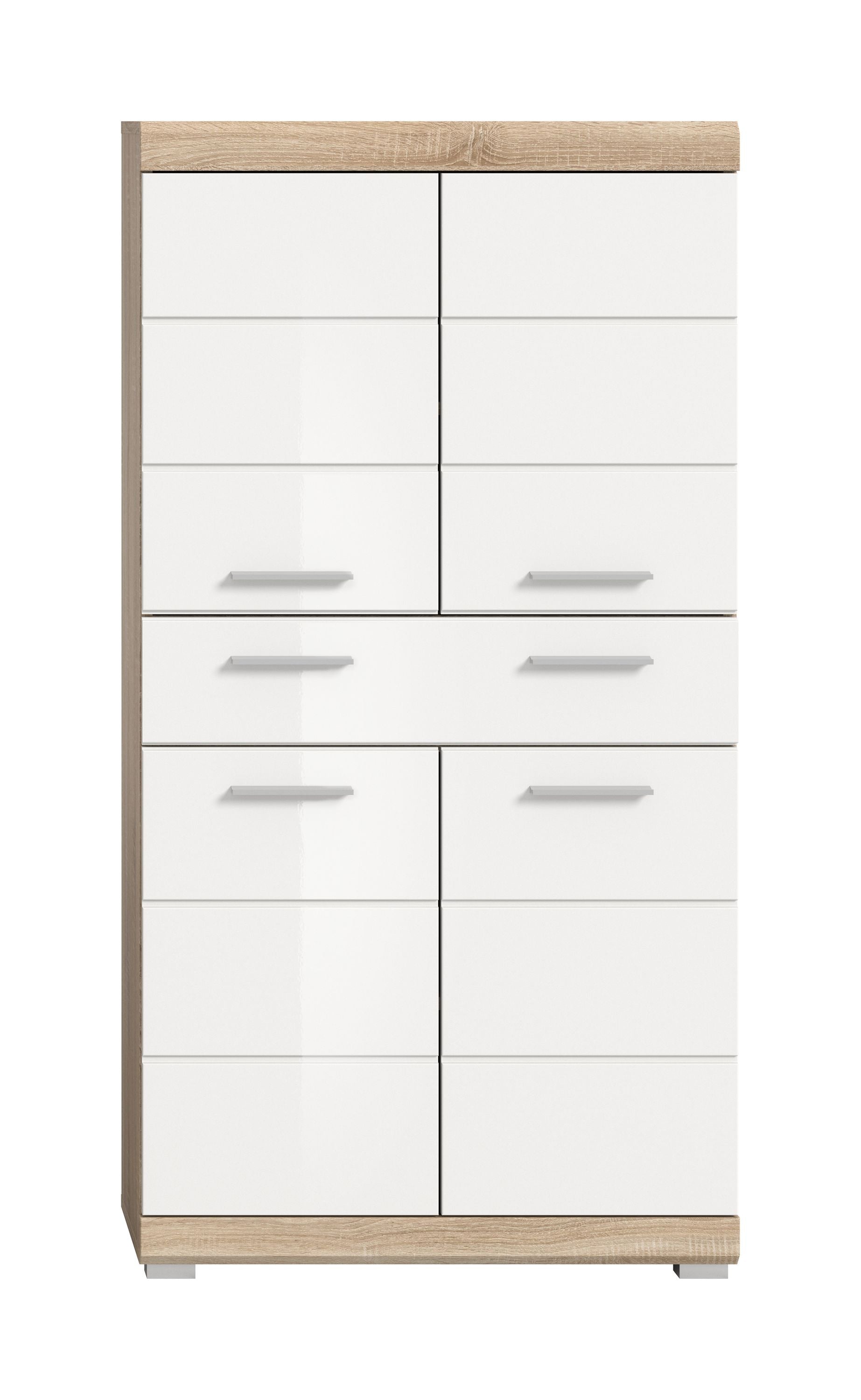 Weißer Badezimmerhochschrank Midi mit Holzseiten, mehreren Türen und Schubladen