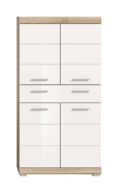 Weißer Badezimmerhochschrank Midi mit Holzseiten, mehreren Türen und Schubladen