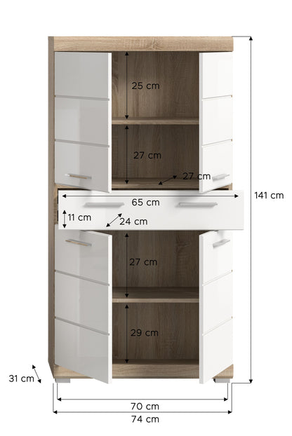Badezimmerhochschrank Midi mit Maßen, weißer Korpus und Holzseiten