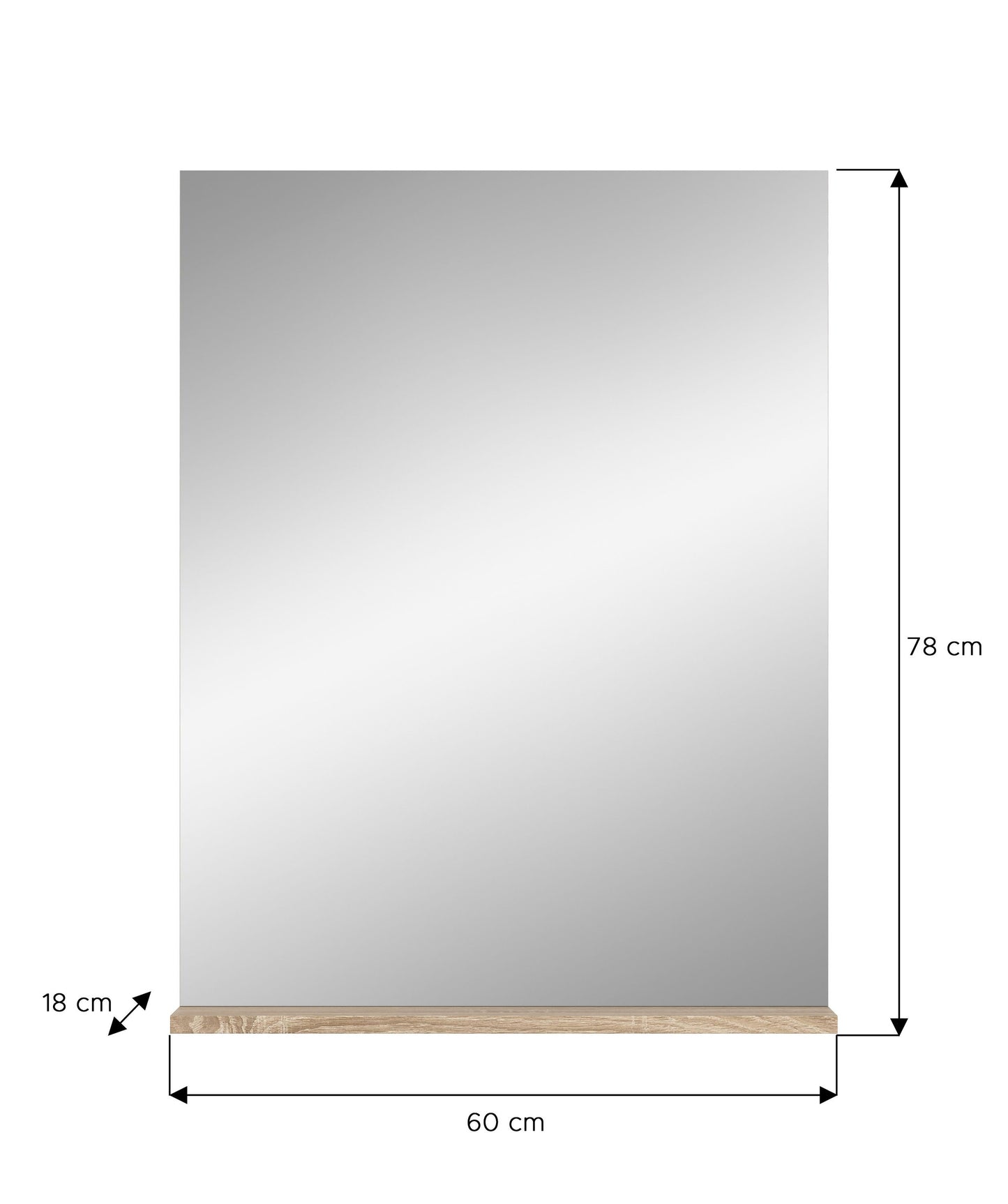 Badspiegel mit Ablage, 60×78 cm, 18 cm Ausladung, rechteckige Spiegelfläche