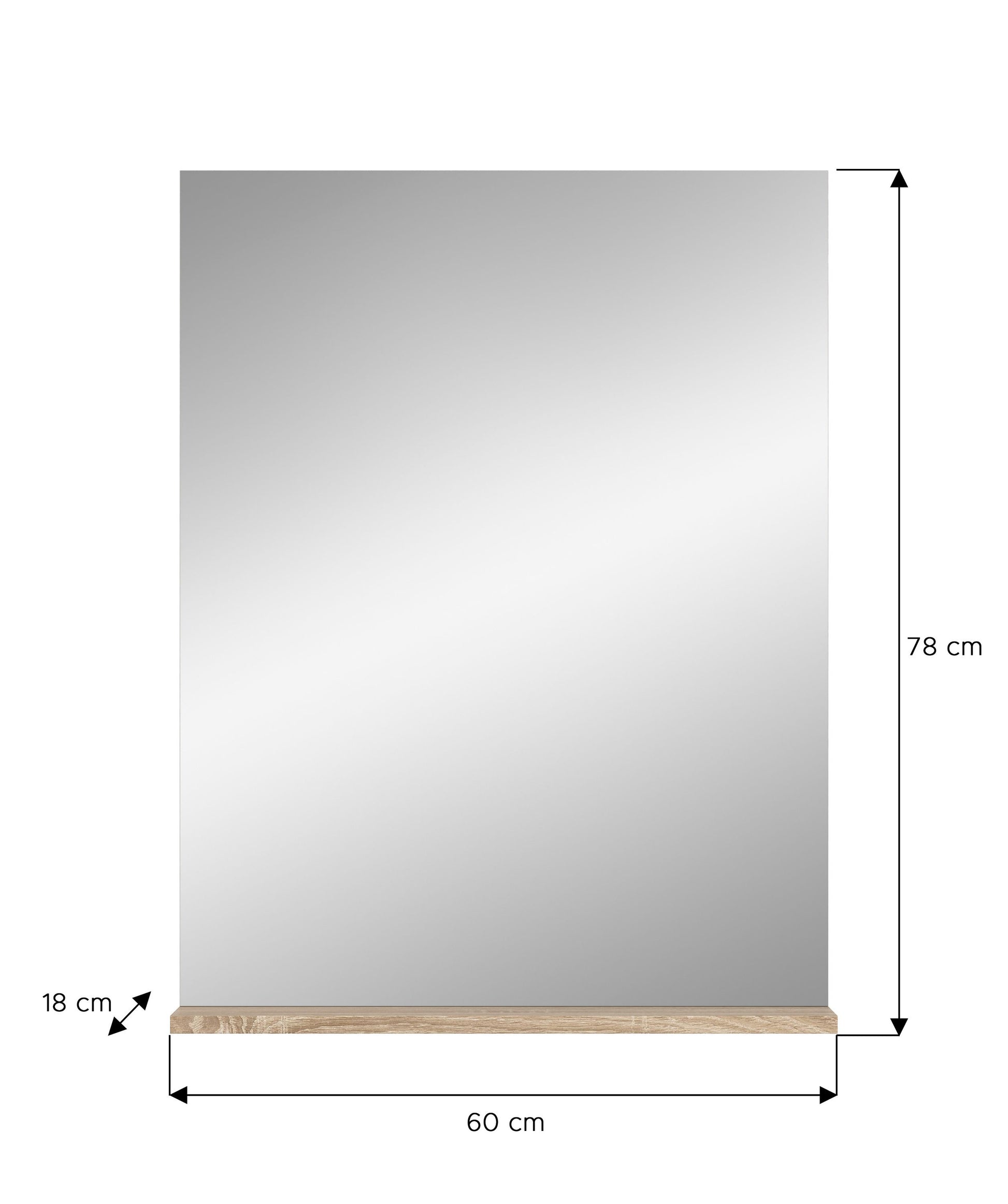 Badspiegel mit Ablage, 60×78 cm, 18 cm Ausladung, rechteckige Spiegelfläche
