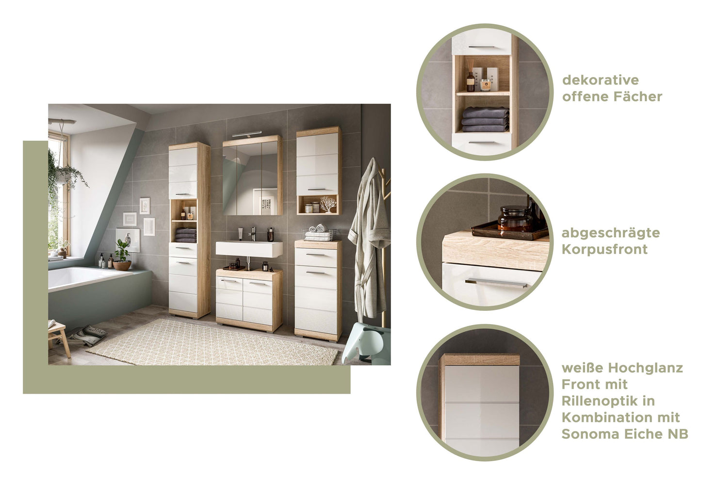 Badezimmer-Hängeschrank mit weißer Hochglanz-Front und offenen Fächern.