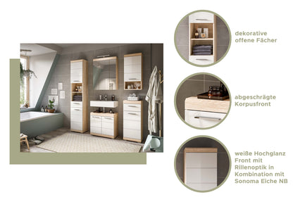 Badezimmer-Hängeschrank mit weißer Hochglanz-Front und offenen Fächern.