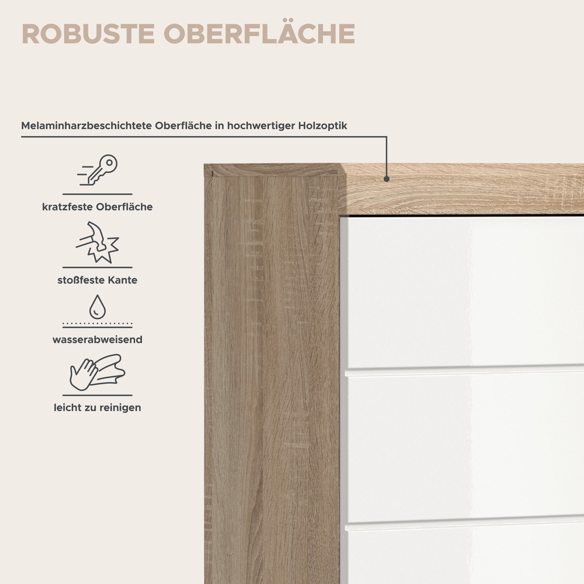 Badezimmer-Hängeschrank mit melaminharzbeschichteter Oberfläche und weißem Hochglanz-Frontteil.