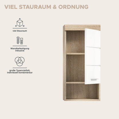 Badezimmer-Hängeschrank weiß Hochglanz mit offenen Fächern und Holzinnenraum.