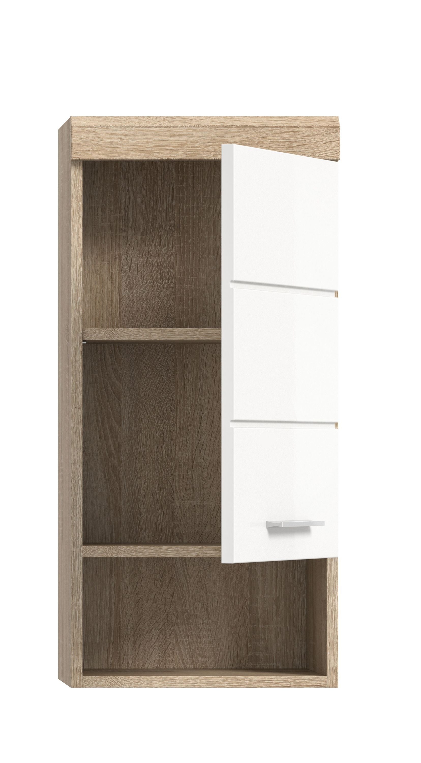 Badezimmer-Hängeschrank weiß Hochglanz mit offenen Fächern und Schublade.