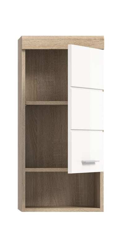 Badezimmer-Hängeschrank weiß Hochglanz mit offenen Fächern und Schublade.